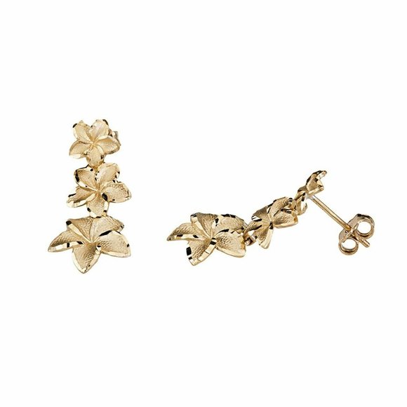 14k Solid Gold Dangle Plumeria Flower Stud Earring